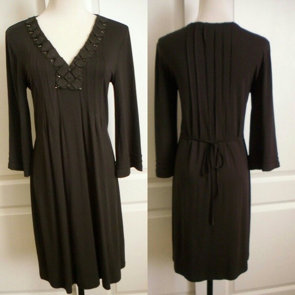 JEWELED DRESS BOHO FLUTTER SLEEVE TIE BACK BROWN SMALL WOMENS SMALL NWOT - Picture 1 of 3